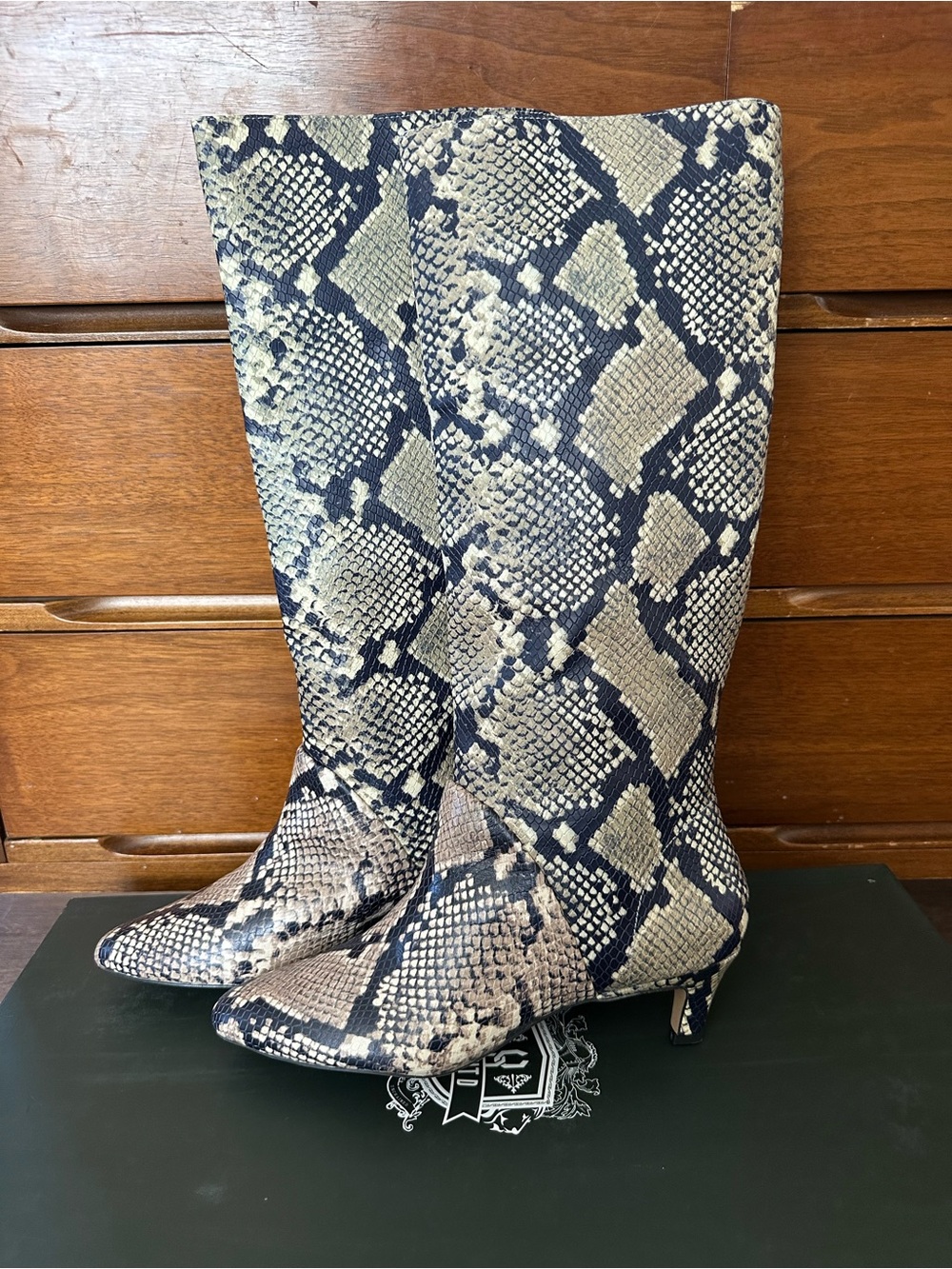 Anthropologie Beige and Black Snake-Print Over-the-Knee Boots